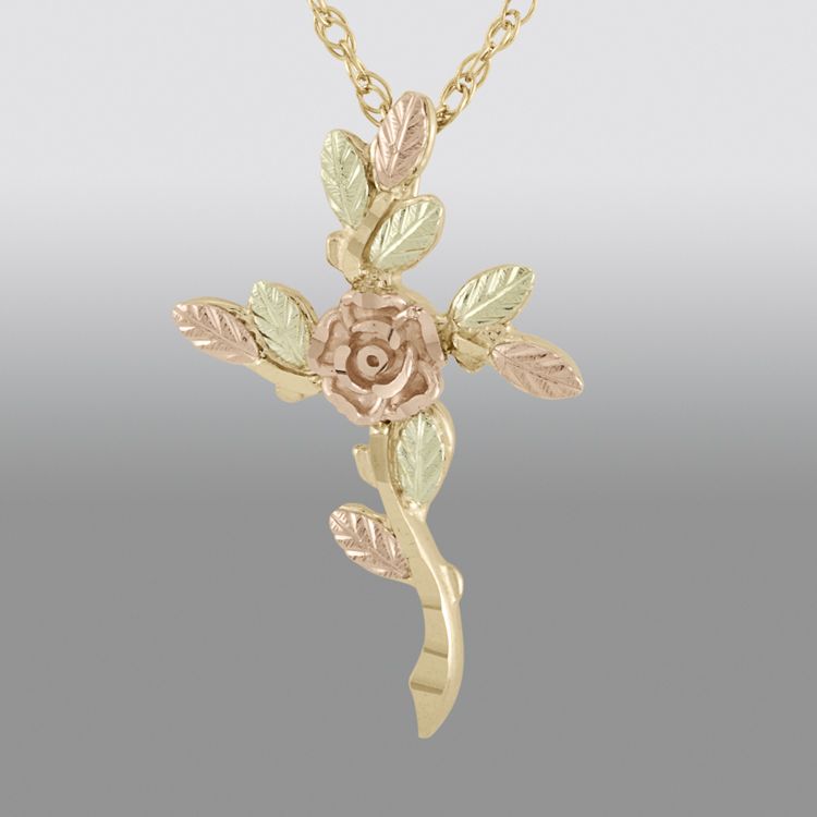 Black Hills Gold Tricolor 10K Gold Vine Cross Pendant at mygofer.com