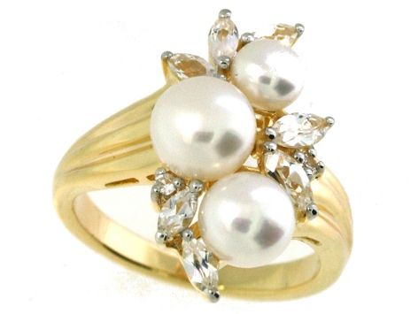 Pearl and Lab-Created White Sapphire Cluster Ring in Gold-over-Silver