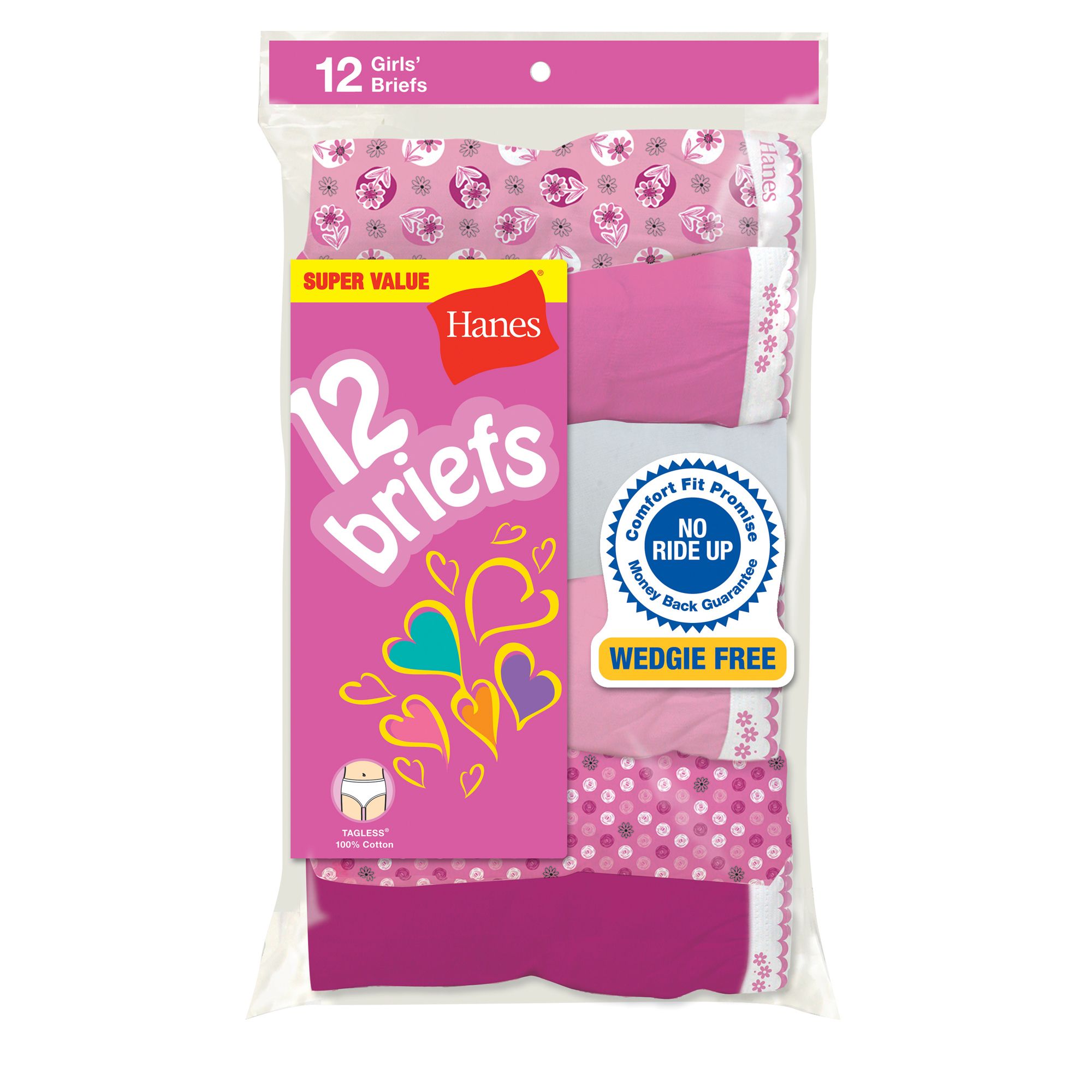 Hanes - Girls' Assorted Brief Panties, 12-Pack