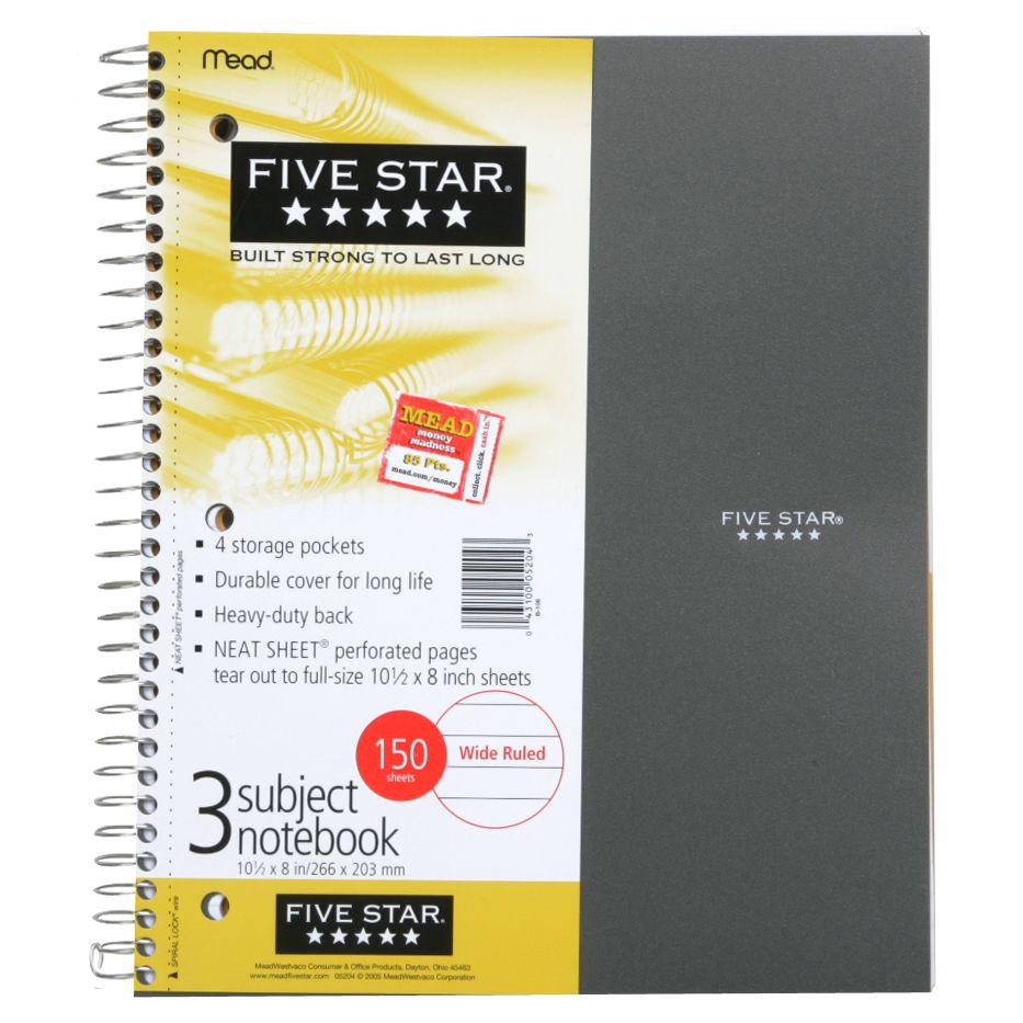 Mead 05181 Five Star 3 Subject Notebook, Wide Ruled, 150 Sheets, 1