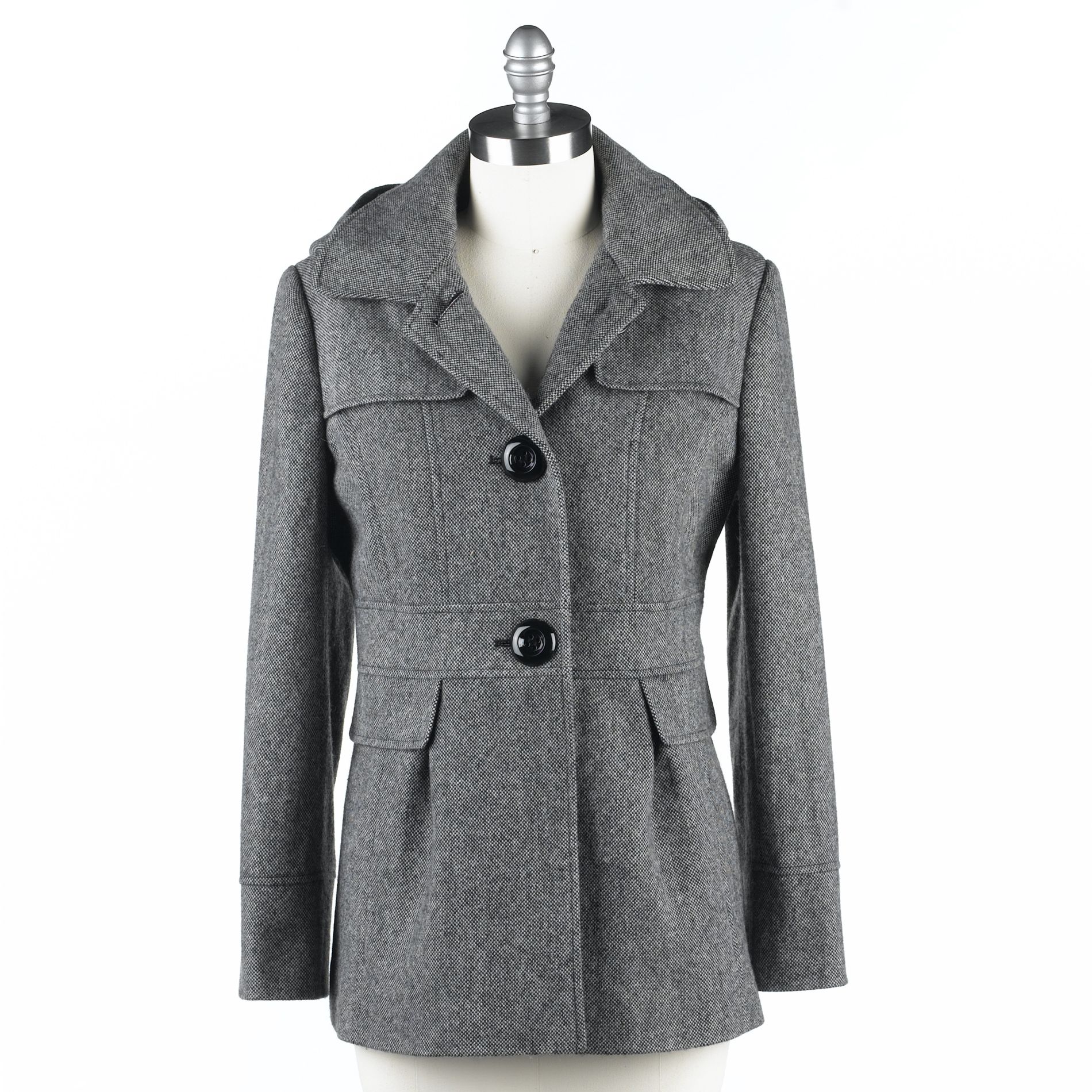 Black Rivet Petite Wool button Front Jacket, Detach Hood, button Tab
