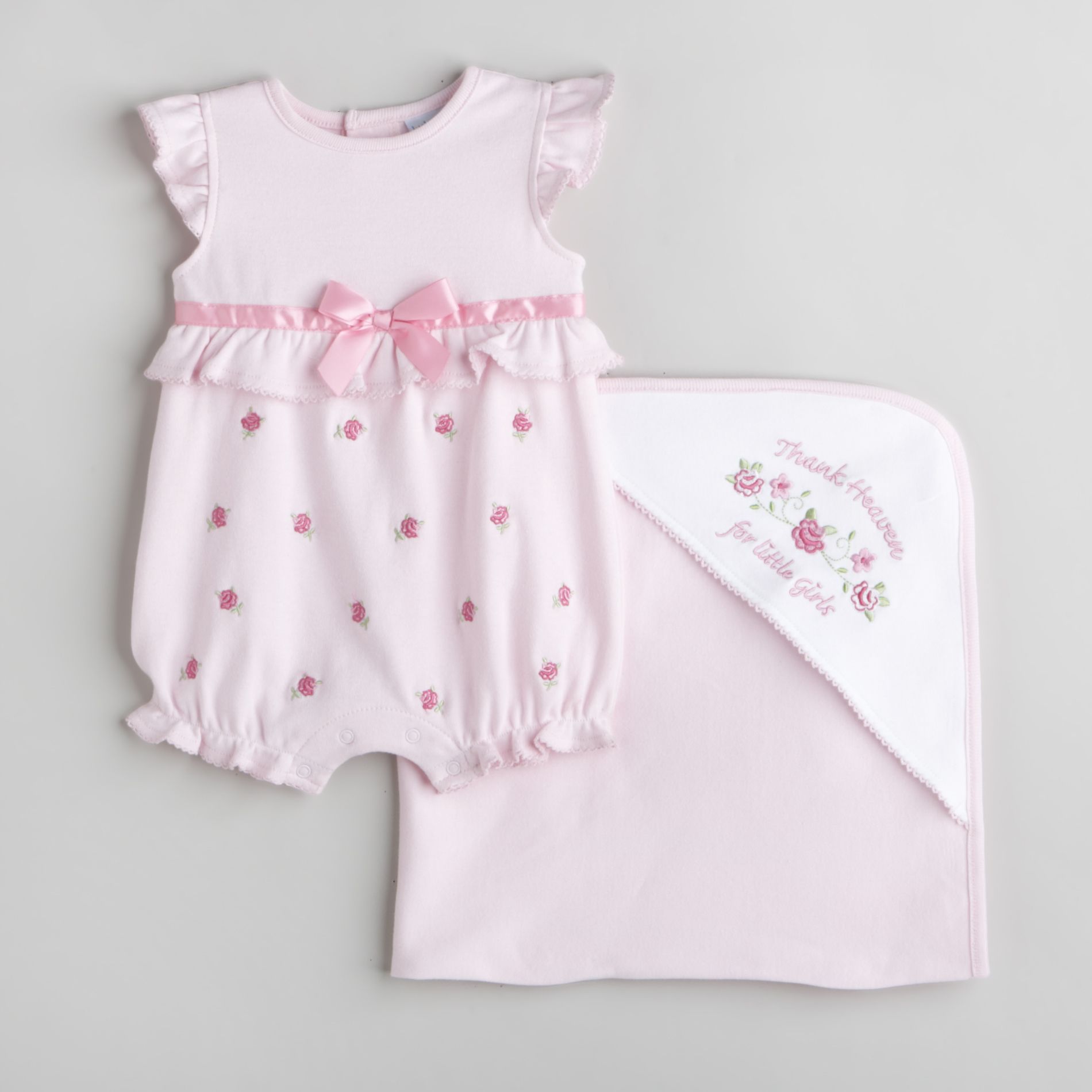 Little Wonders Newborn Girl&#39;s Flower Embroidered Romper with Blanket