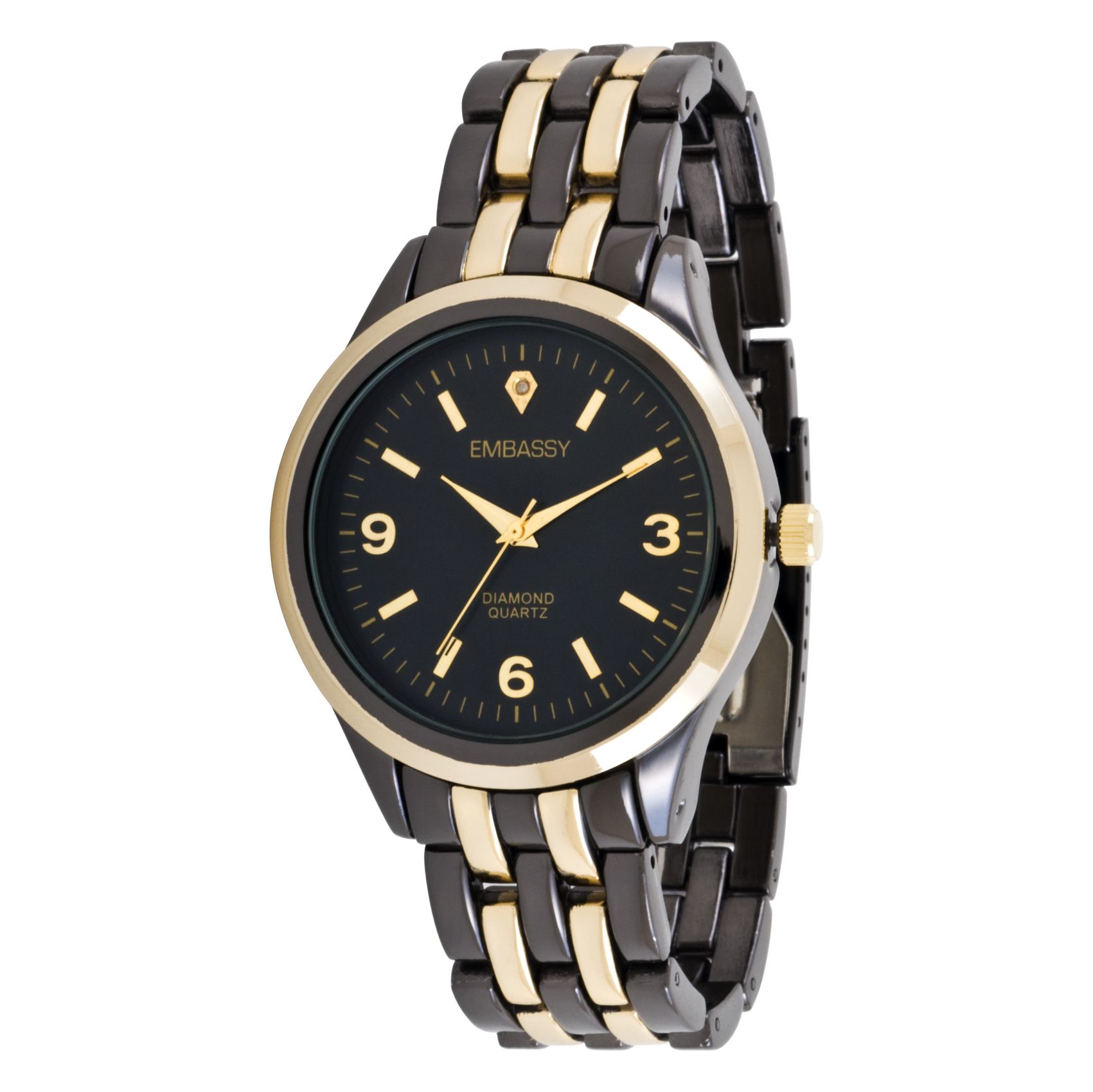 Men's Dress Watch w/Round Two-Tone Case, Black Crystal Accent Dial and TT Expansion Band