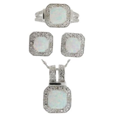 Sterling Silver Cushion Cut Created Opal & Diamond 3 PC Set at mygofer.com