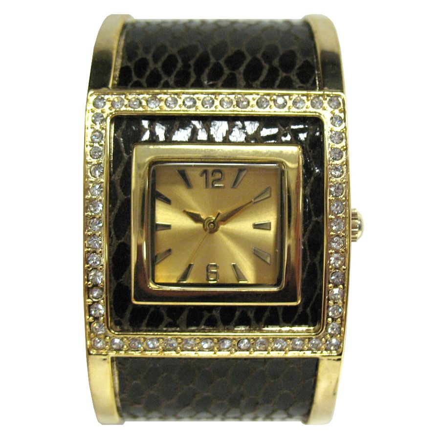Ladies' Dress Watch w/Crystal Accent Goldtone Square Case, GT Dial and Textured Brown/GT Bangle Band