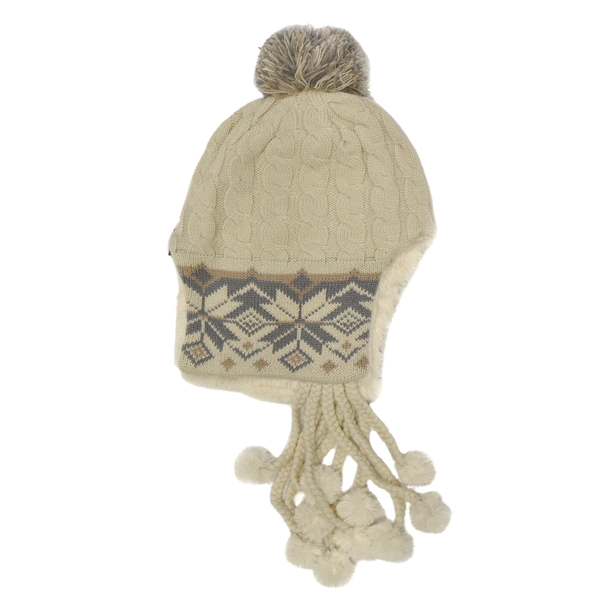 Snowflake Trim Cable Helmet with Multiple Poms - Winter White