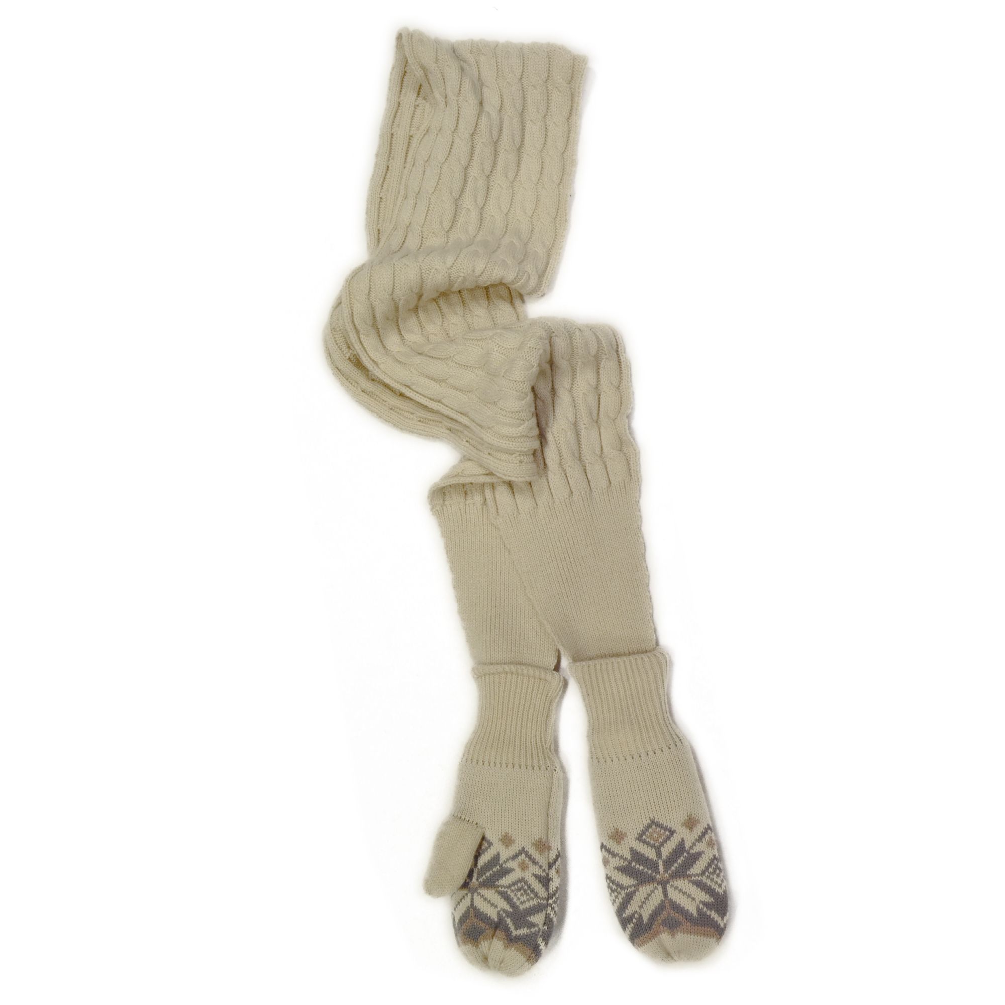 Snowflake Trim Cable Scarf with Mitten Ends - Winter White