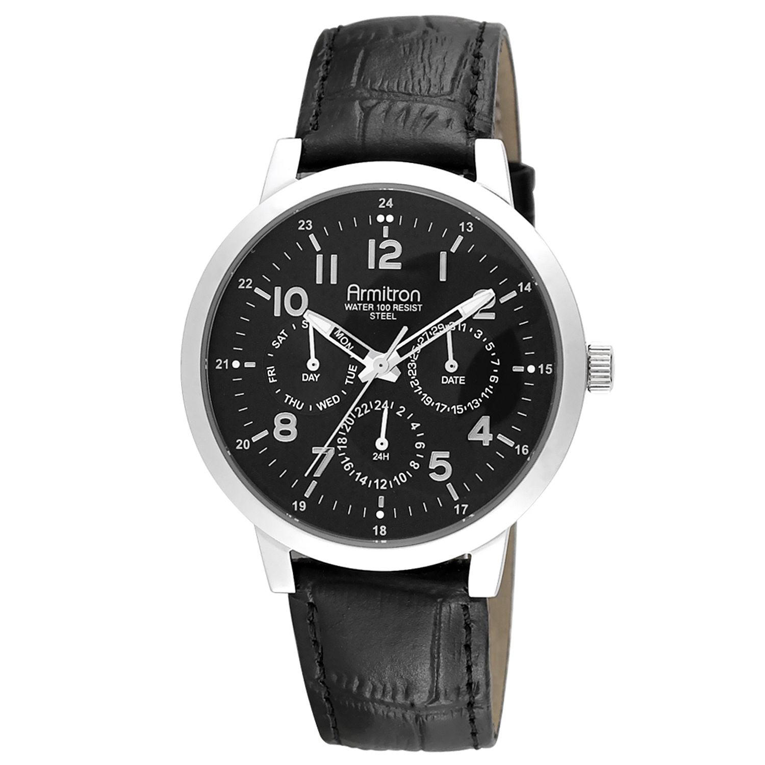 Mens Gents Calendar Day/Date Watch w/Round ST Case, Black Multi-Display Dial and Leather Band