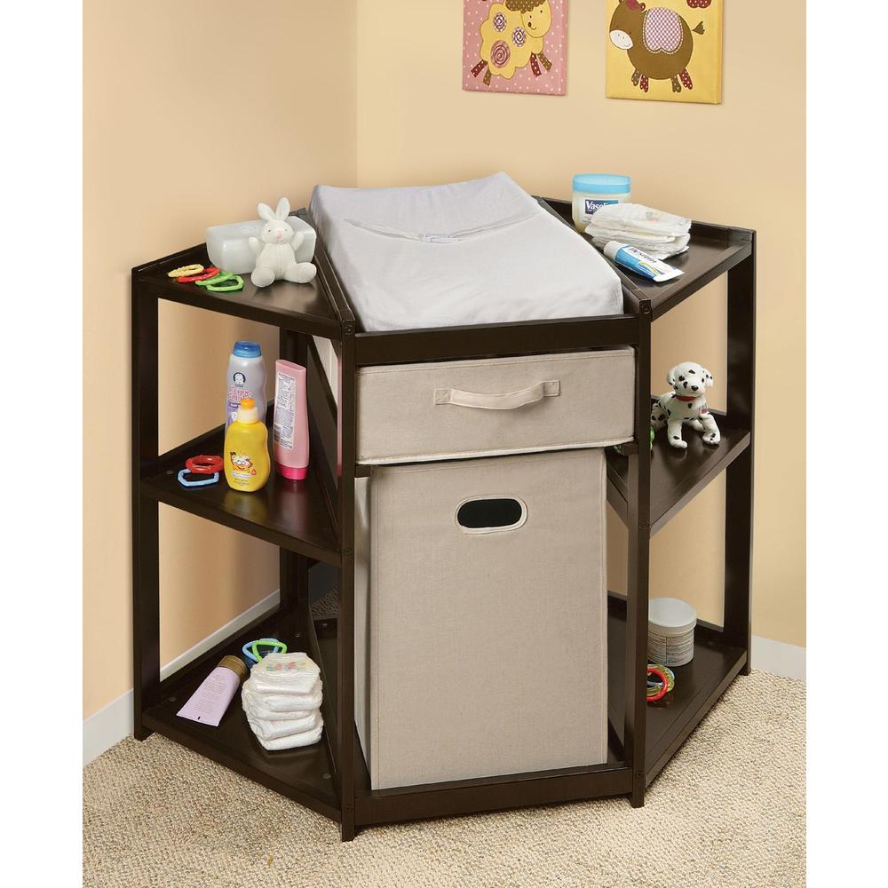 Espresso Diaper Corner Baby Changing Table with Hamper and Basket