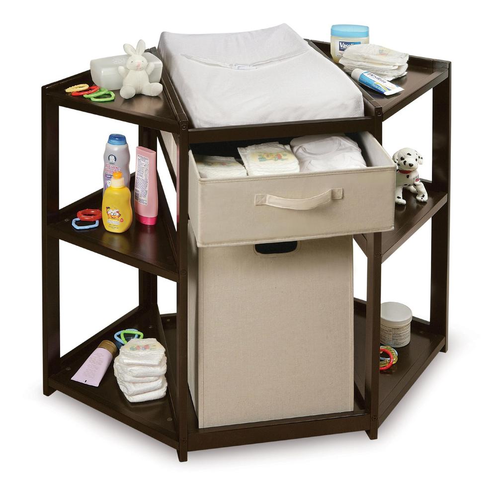 Espresso Diaper Corner Baby Changing Table with Hamper and Basket
