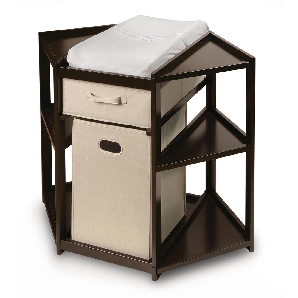 Espresso Diaper Corner Baby Changing Table with Hamper and Basket