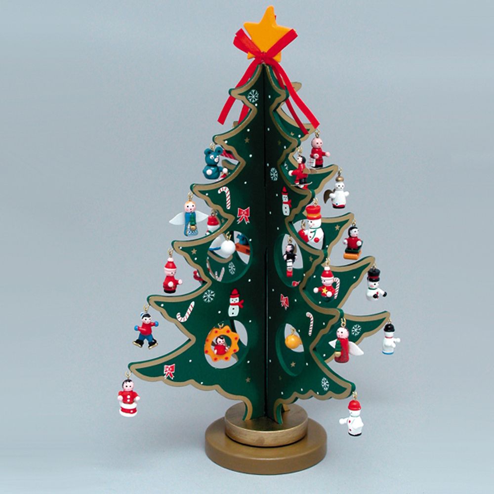 11.75" 25-Piece Wooden Tree with Miniature Wooden Ornaments