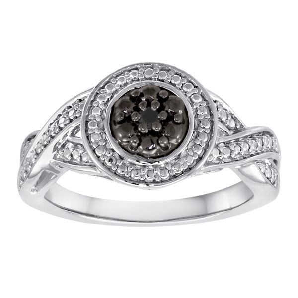Accent Black Diamond Flower Cluster Ring in Sterling Silver