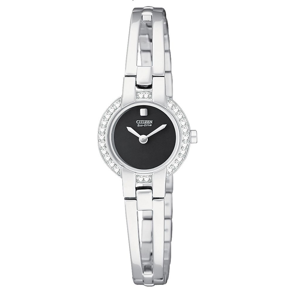 Ladies' Citizen Swarovski Crystal Accent Eco-Drive Watch w/Round Silvertone Case, Black Dial and ST Bangle Bracelet Band at Sears.com