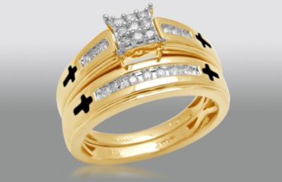 1/5 Cttw. Round Yellow Gold Over Sterling Silver Diamond Bridal Set - Enamel Crosses