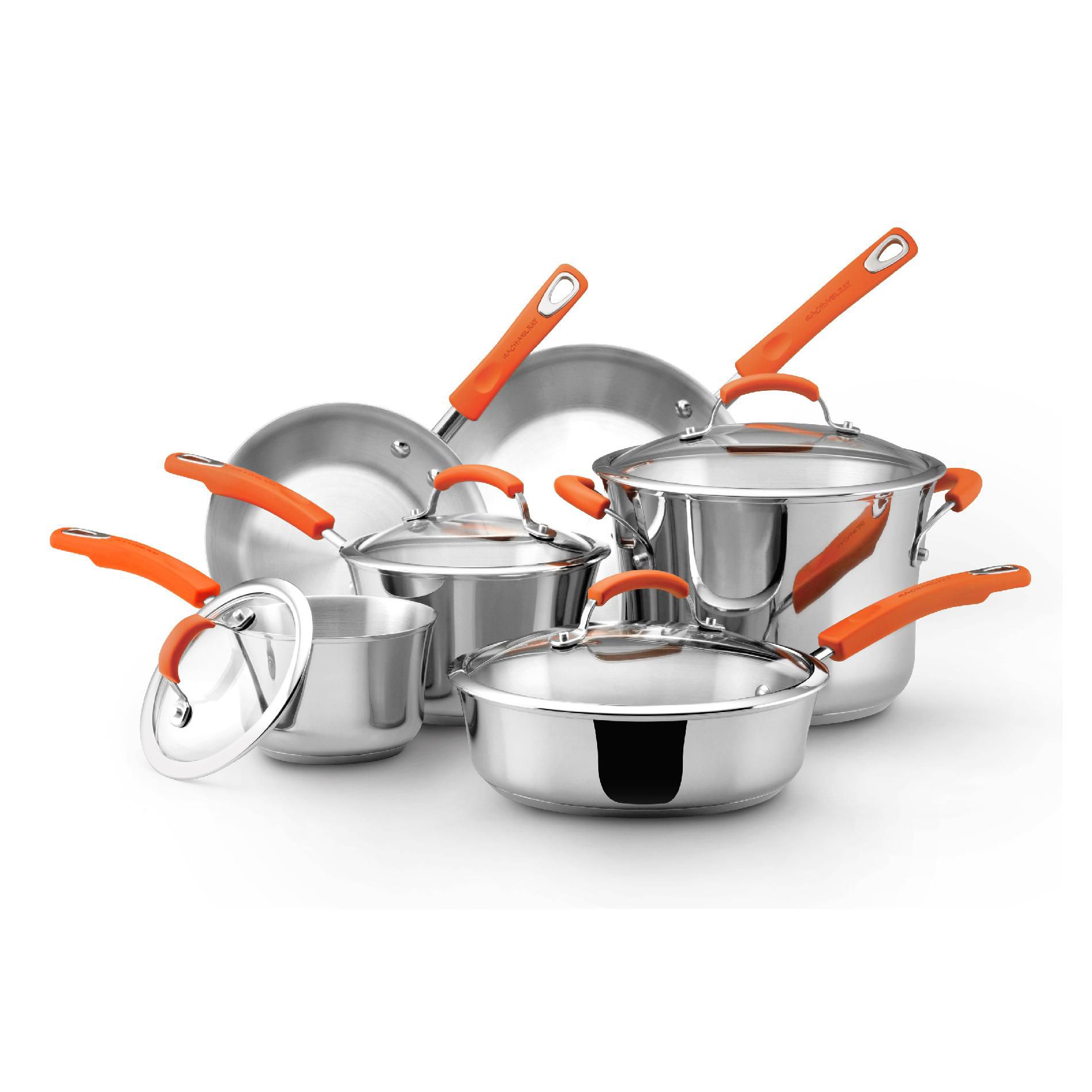 Rachael Ray Stainless Steel Cookware 10pc set (orange rubberized handle)