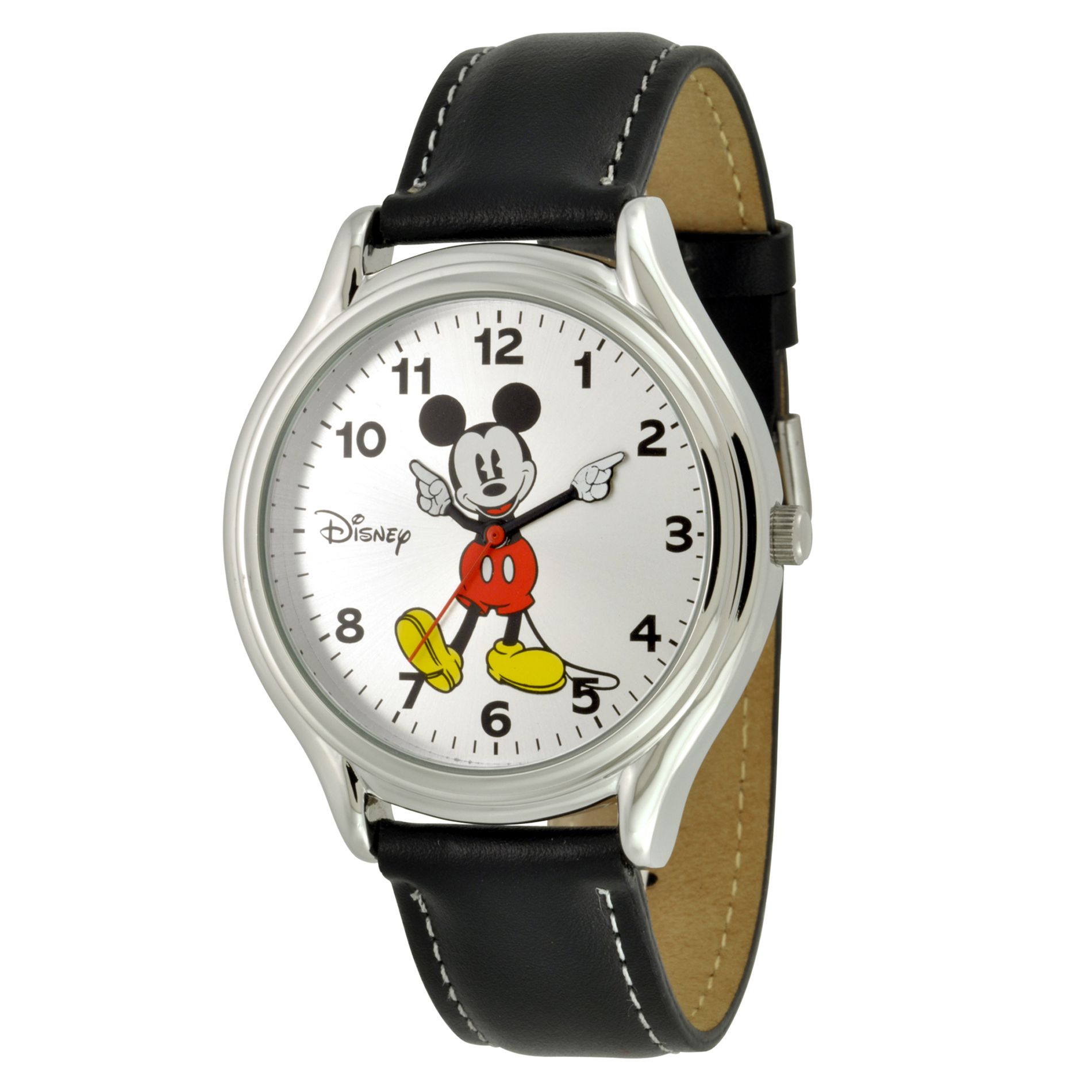 Mickey Mouse Watch w/Round Silver-tone Case  White Dial and Black Leather Band