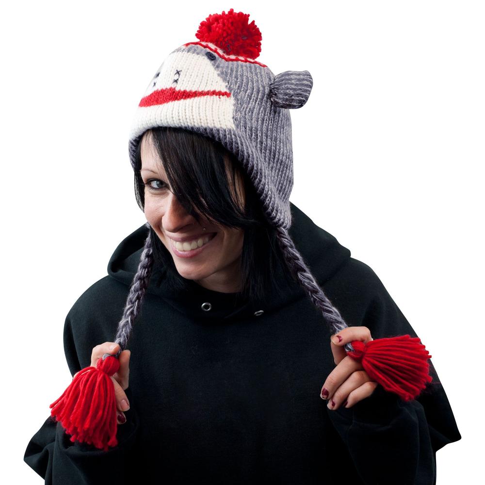 Adult Size Gray Sock Monkey Knit Hat with Poly-Fleece Lining