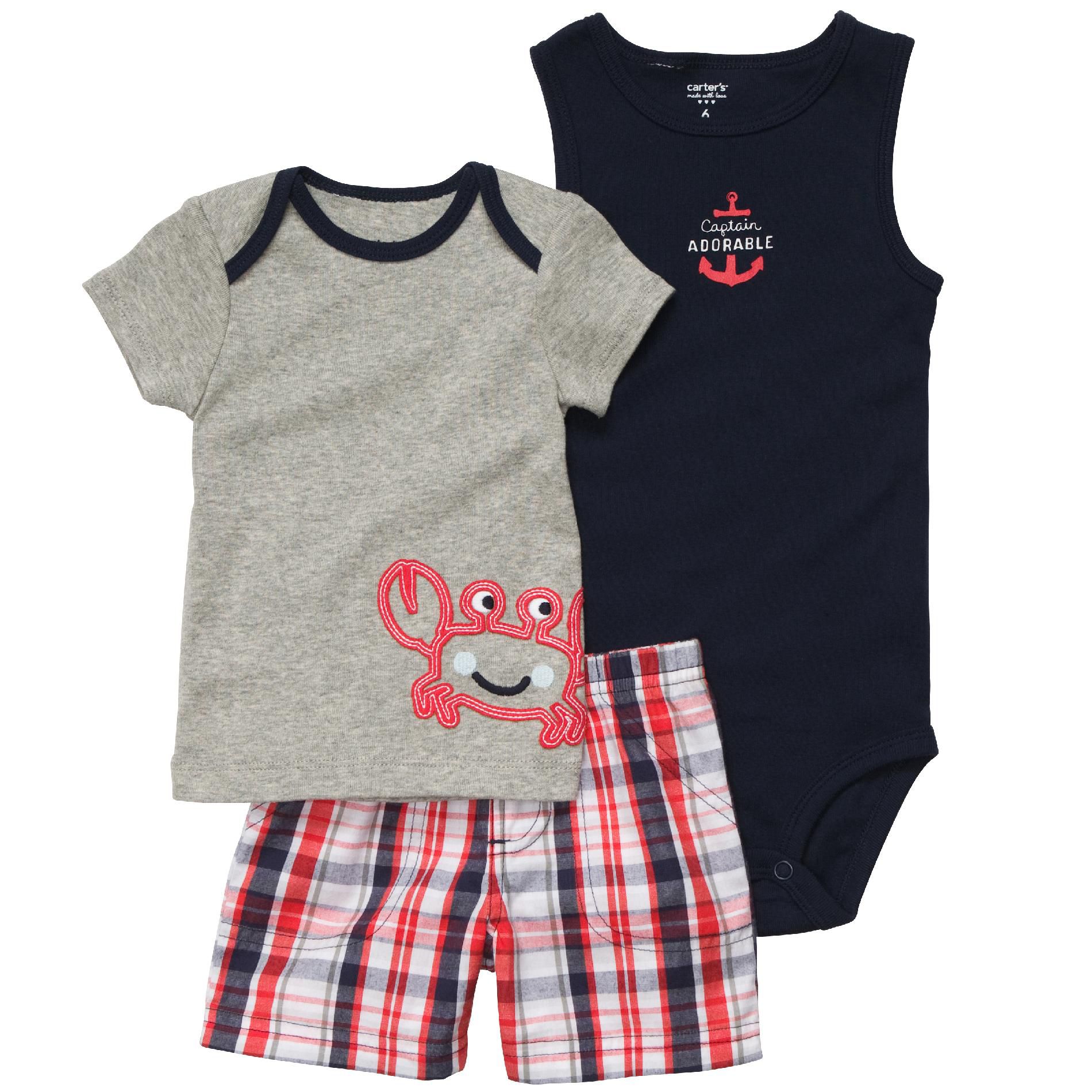 Infant Crab Plaid Set 12-months - Heather/Navy/Red