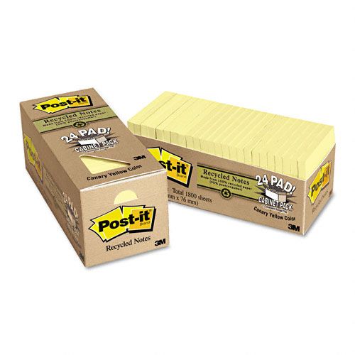 Post-it Recycled Notes, 3x3, Canary Yellow, 75-Sheet Pads