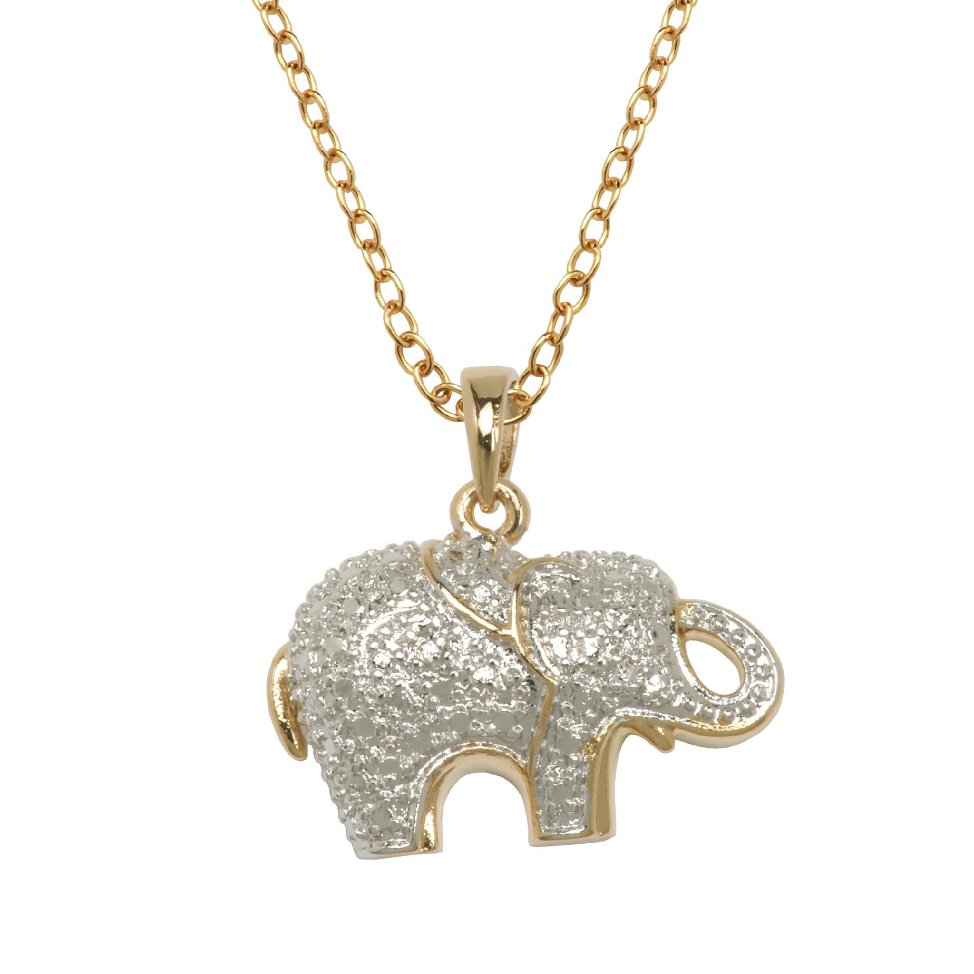 18K Gold Over Brass Diamond Accent Two Tone Elephant Pendant with 18