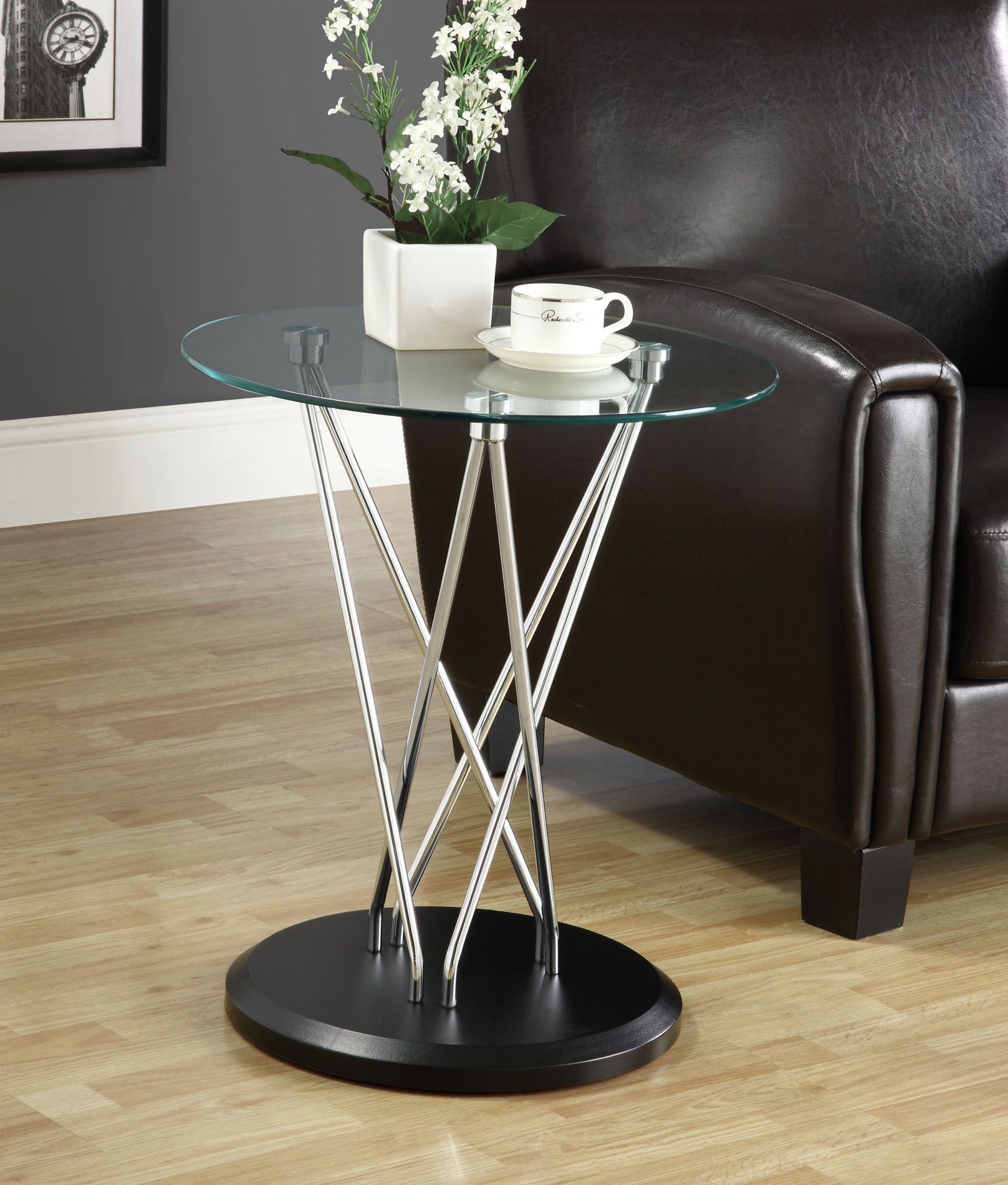 ACCENT TABLE - CHROME METAL / BLACK BASE / TEMPERED GLASS