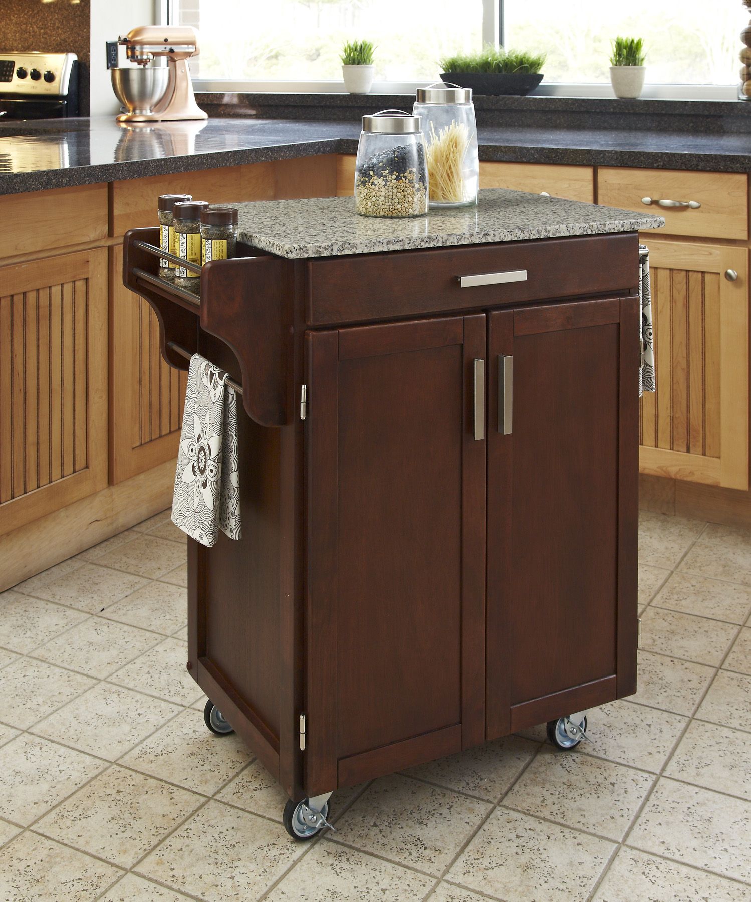 Home Styles Cuisine Kitchen Cart with Salt and Pepper Granite Top - Medium Cherry