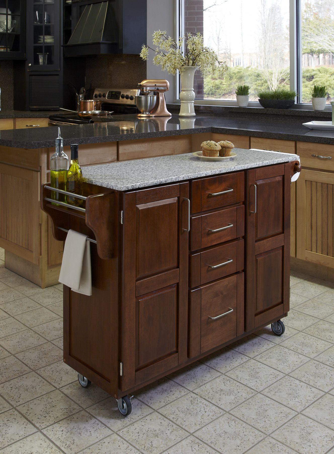 Home Styles Kitchen Cart - Cottage Oak with Salt and Pepper Granite Top