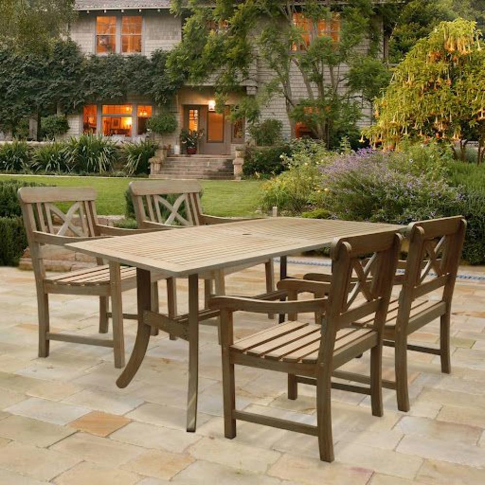 Vifah Renaissance 5pc Rectangular Table & Armchair Outdoor Hand-scraped Hardwood Dining Set