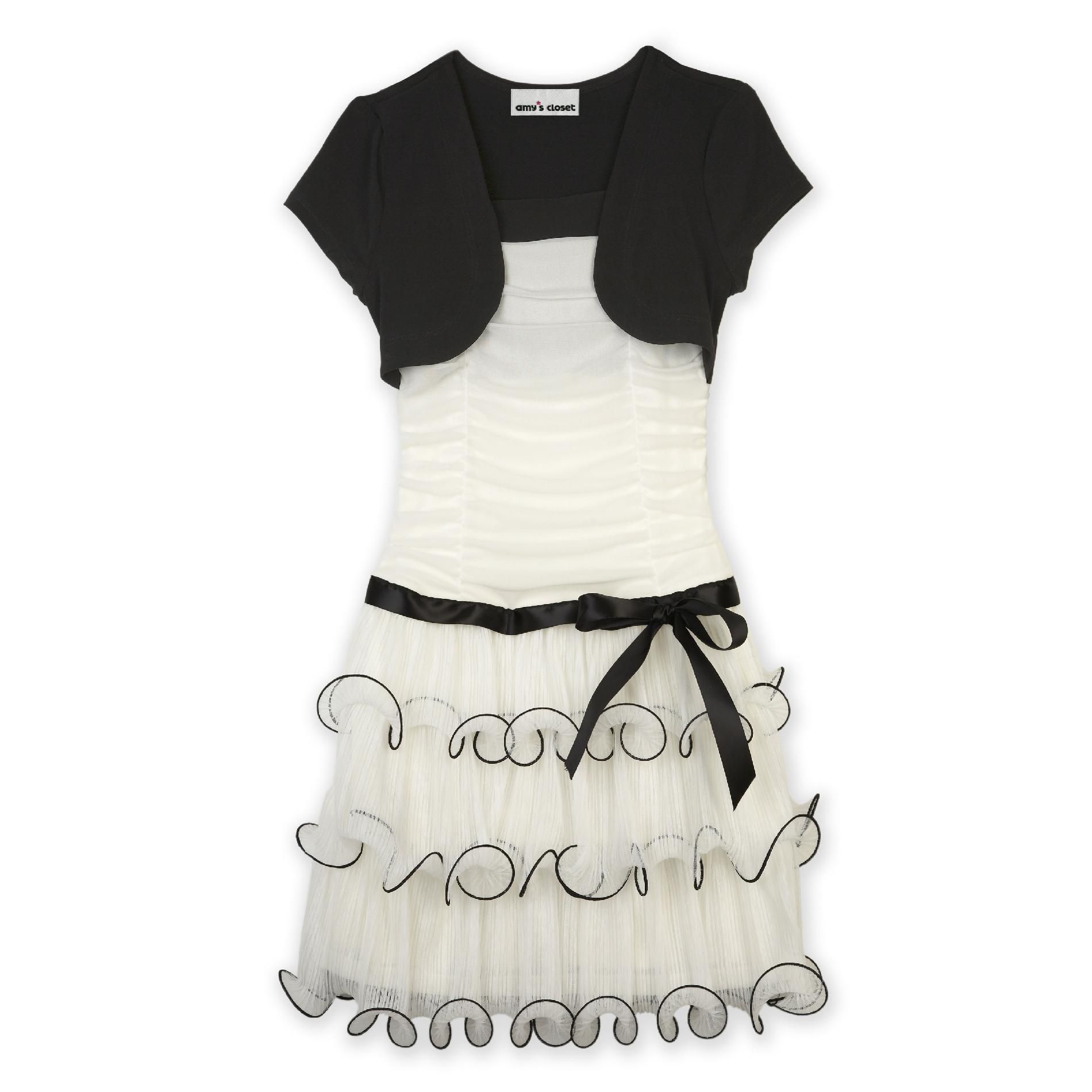 Amy's Closet Girl's Dress Coiled Bow Ruffled Ivory/Black White/Black 8