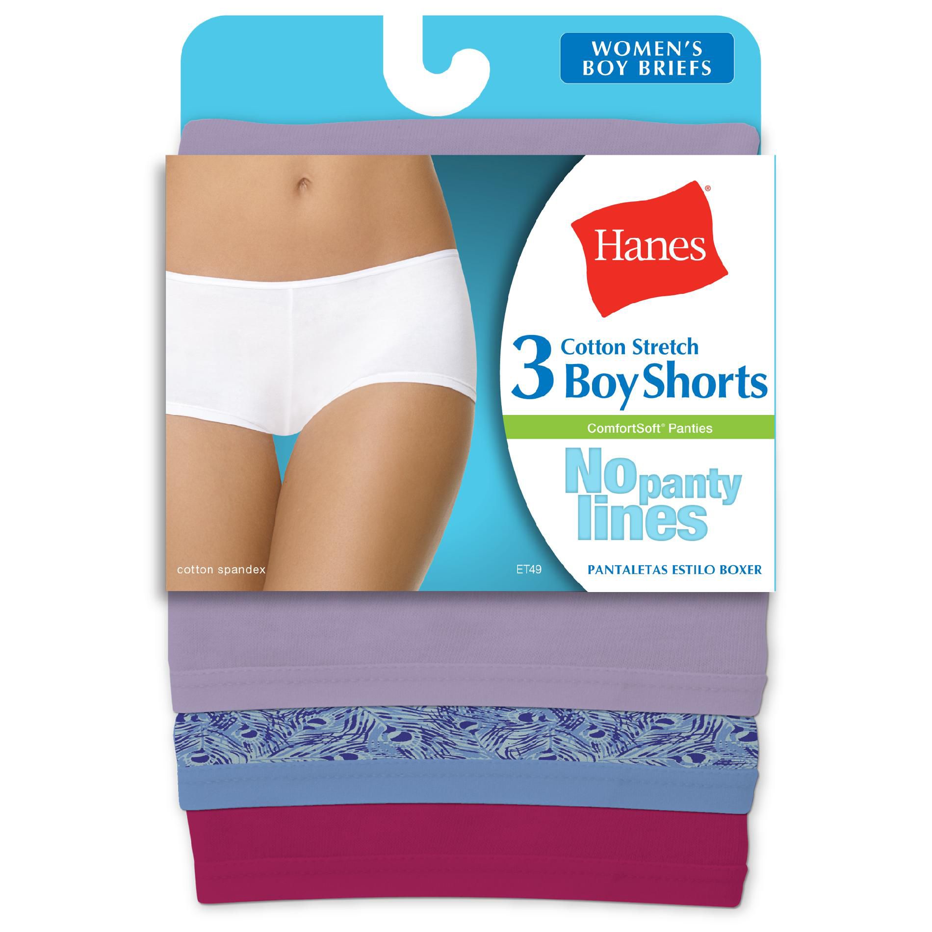 Hanes Women's Boy Shorts 3 Pk 'No Lines' Cotton Stretch Multicolored