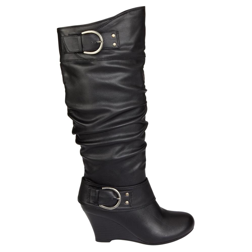 Bongo Women's Erica Tall Shaft Two Buckle Wedge Boot Black