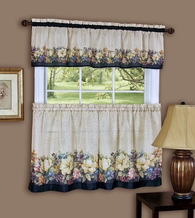 Antique Floral - Tier & Valance Set - Black Available in 24" and 36"