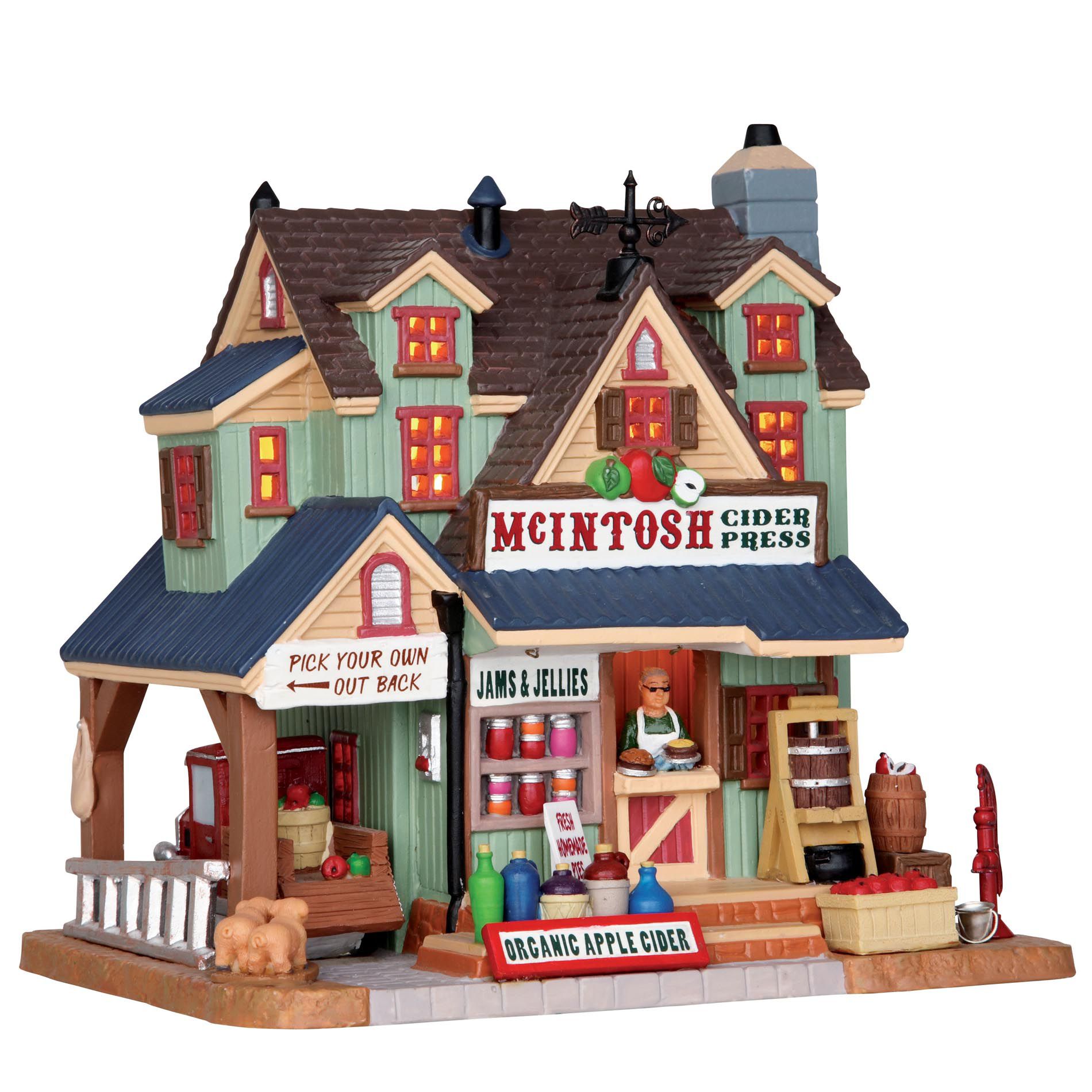 Christmas Village Building, Porcelain Lighted House Mclntosh Cider Press With 6 Foot Cord