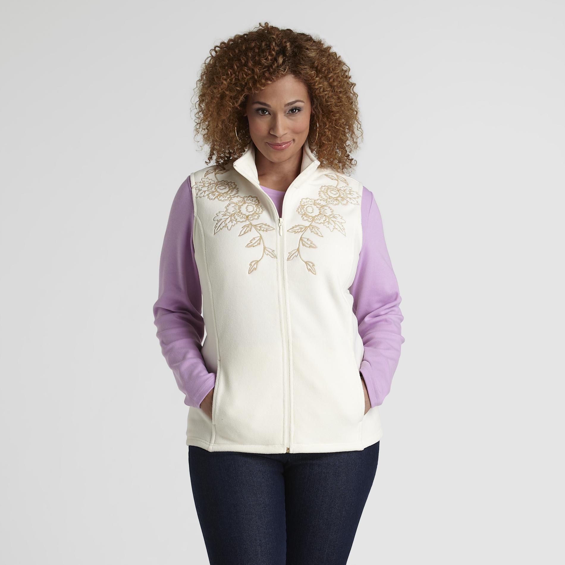 Basic Editions Women's Plus Fleece Vest - Floral Embroidery at Kmart.com