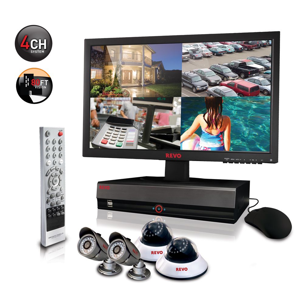 Revo Security Surveillance System with 4 Channel 1TB DVR4, 18.5" Monitor and (4)600TVL 80' Nightvision Cameras at Kmart.com