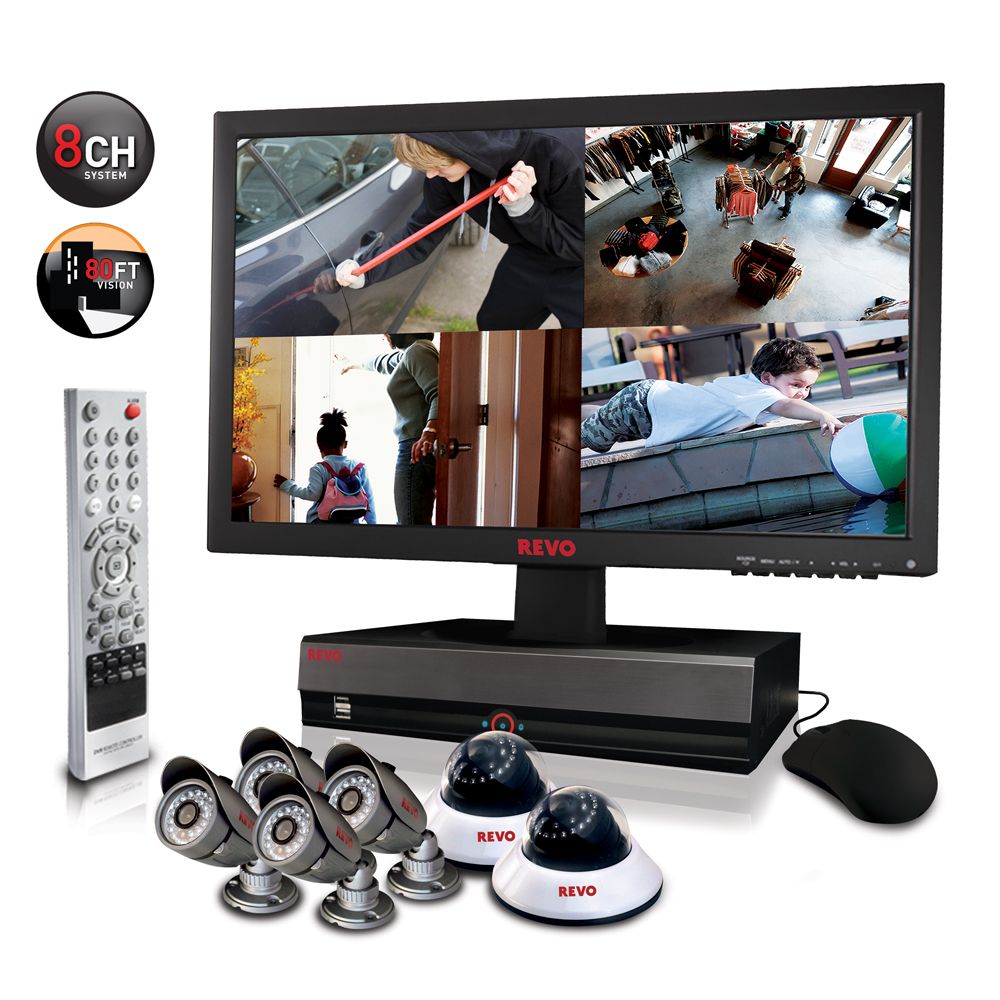 Security Surveillance System with 8 Channel 2TB DVR4, 21.5" Monitor and (6)600TVL 80' Nightvision Cameras
