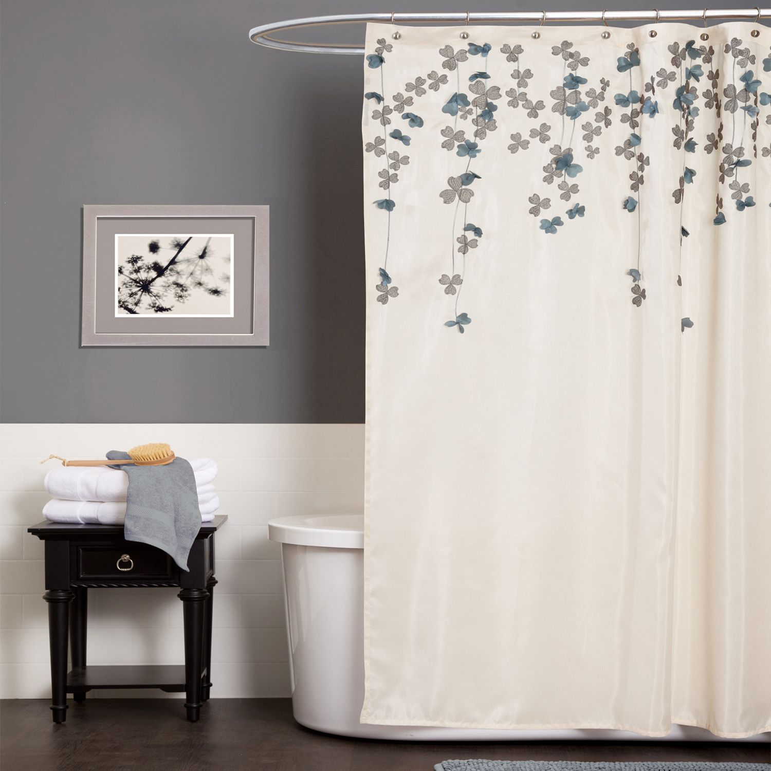Lush Decor Flower Drop Ivory Blue Shower Curtain Home