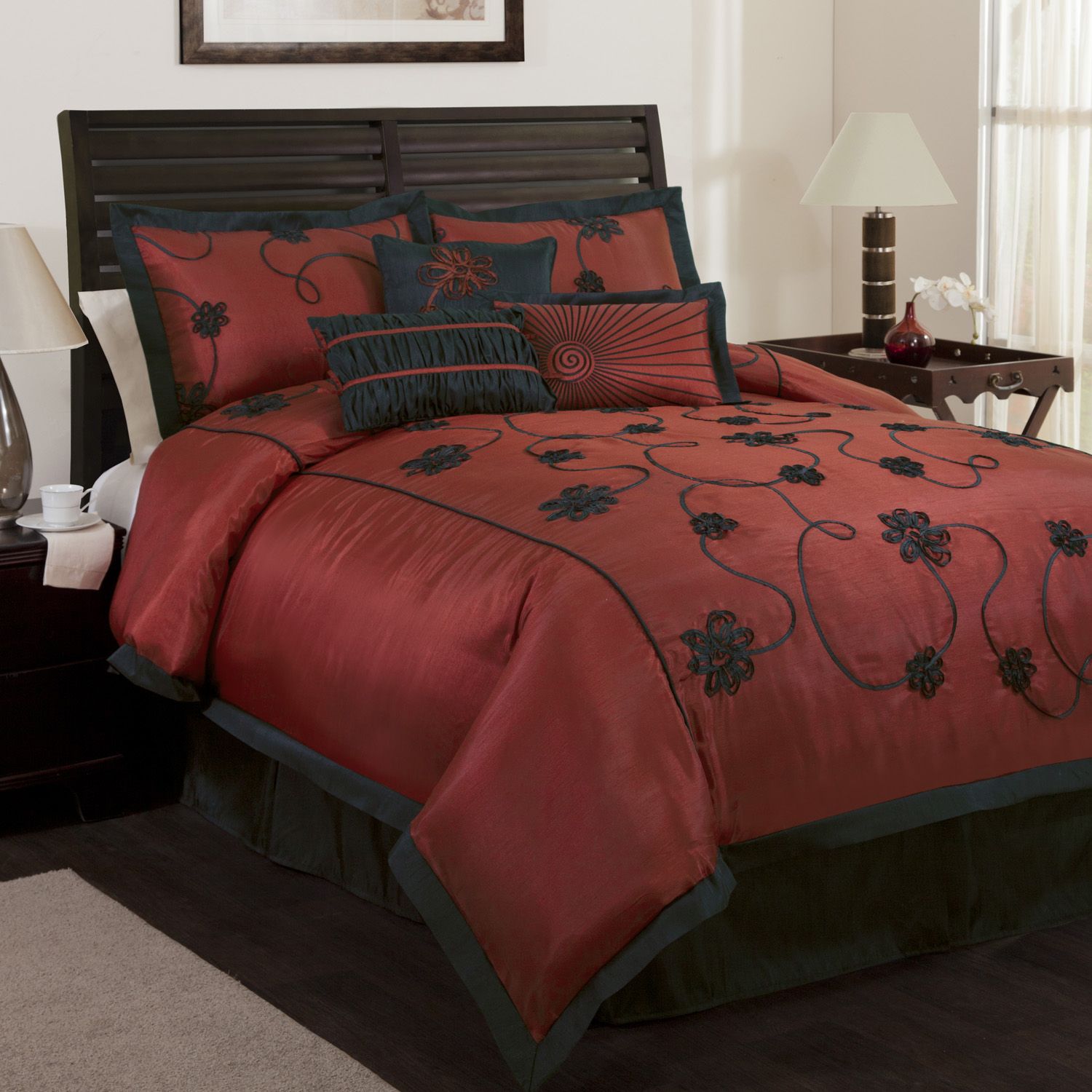 Milione Fiori Seven Piece Red and Black Comforter Set King