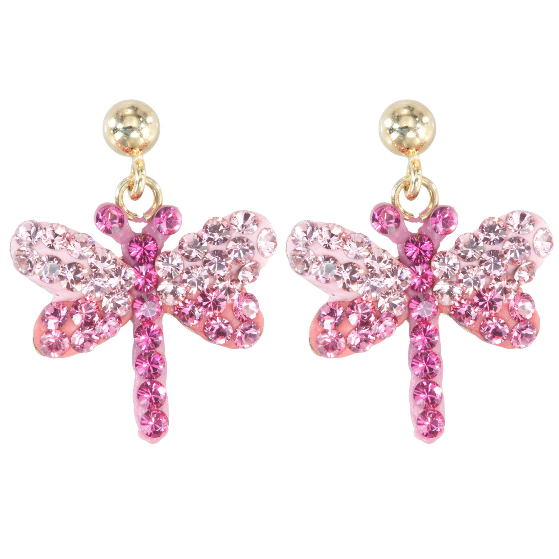 Gold Over Sterling Silver Ball Stud Top With Rose, Light Rose, and Fuschia Crystal Dragonfly Drop Earrings at Kmart.com