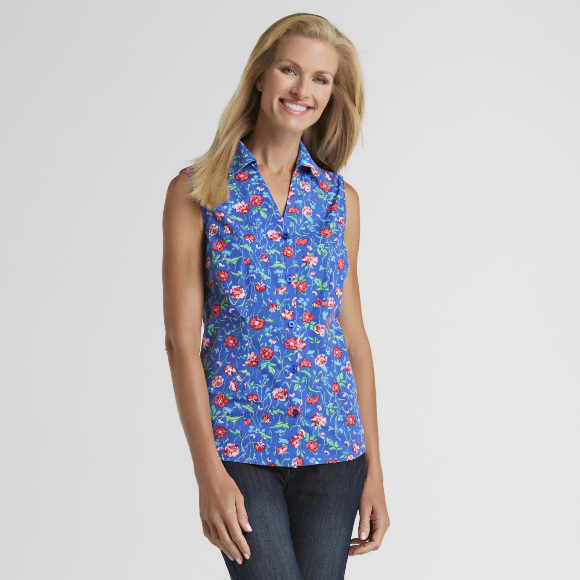 Basic Editions Women's Sleeveless Camp Shirt - Floral at Kmart.com