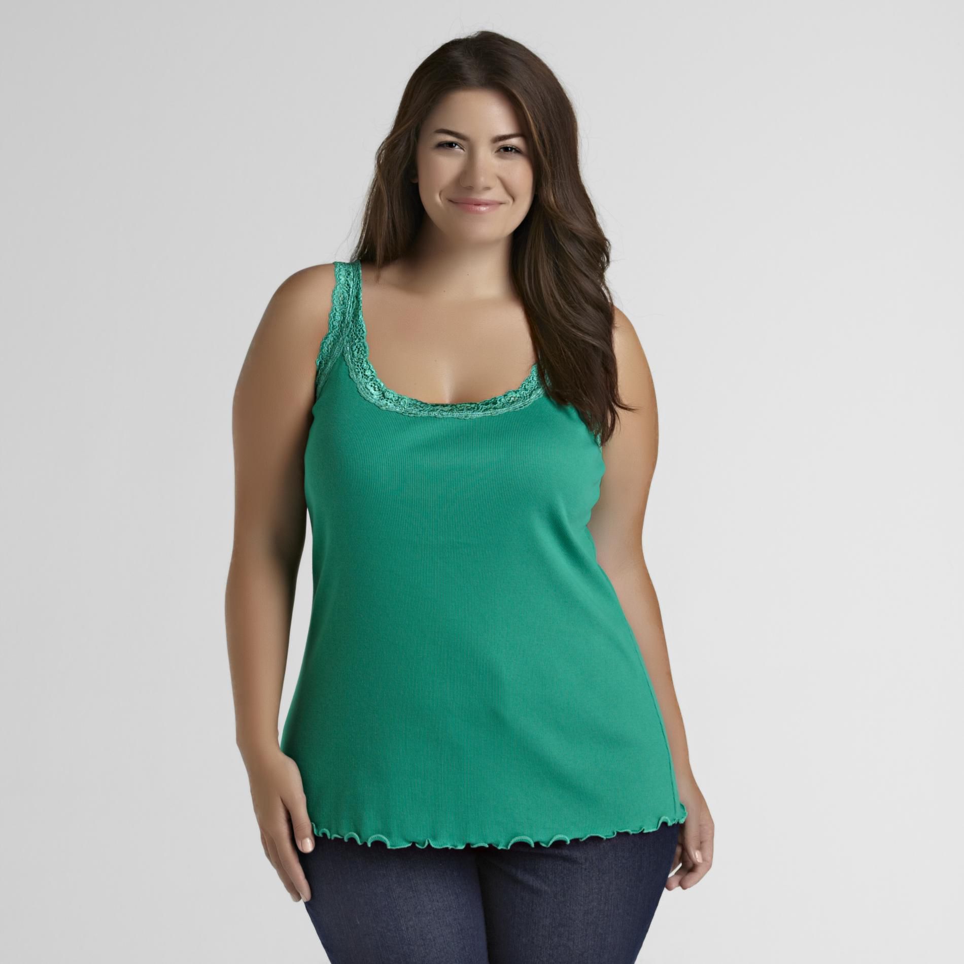 Basic Editions Women's Plus Tank Top - Lace Trim