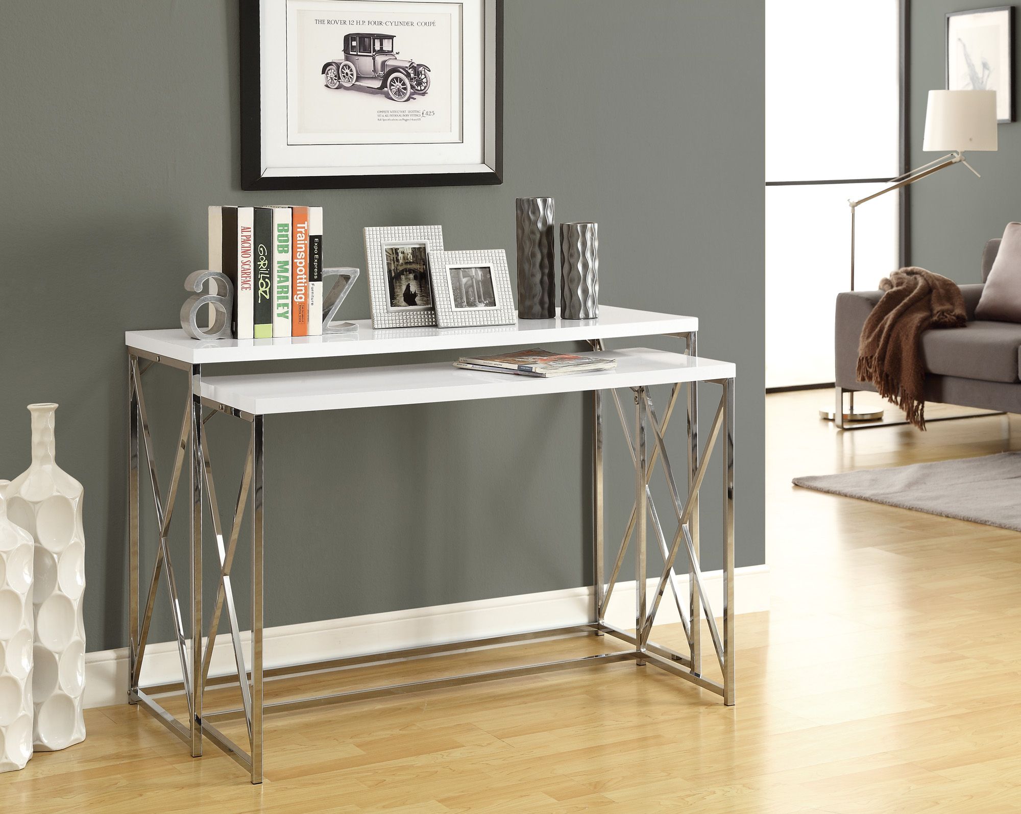 Monarch Specialties Glossy White / Chrome Metal 2pcs Console Table Set at Kmart.com