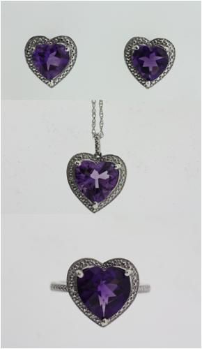 3-Piece Purple Amethyst Heart Necklace  Ring & Earrings Set