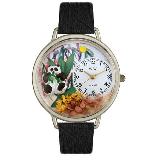 Panda Bear Black Skin Leather And Silvertone Watch #U0150017