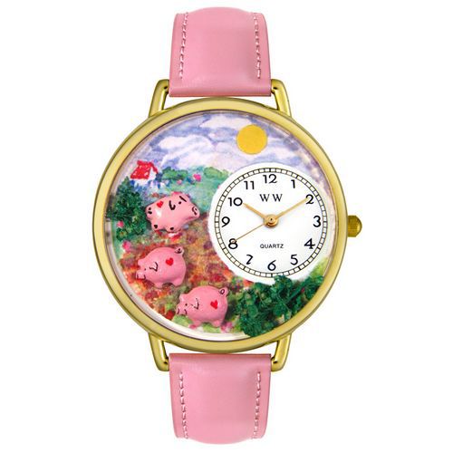 Pigs Pink Leather And Goldtone Watch #G0110003