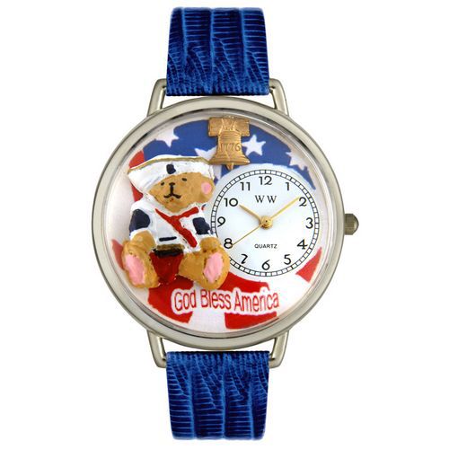 Patriotic Teddy Bear Royal Blue Leather And Silvertone Watch #U0230004