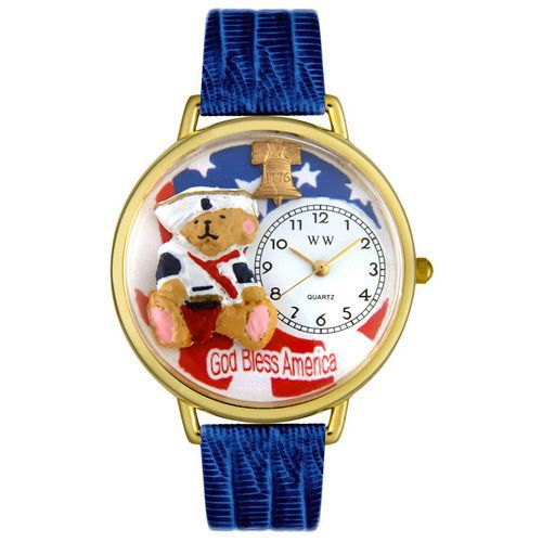 Patriotic Teddy Bear Royal Blue Leather And Goldtone Watch #G0230004