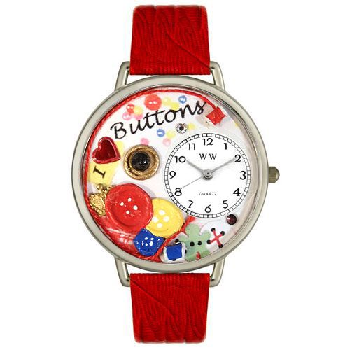 I Love Buttons Red Leather And Silvertone Watch #U0410011