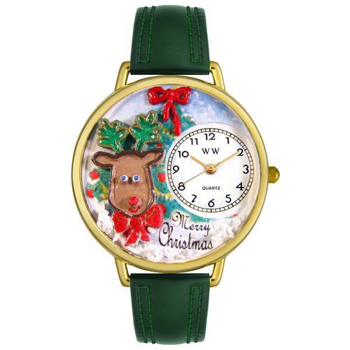 Christmas Reindeer Hunter Green Leather And Goldtone Watch #G1220012